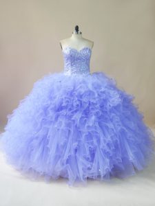 Delicate Lavender Ball Gowns Tulle Sweetheart Sleeveless Beading and Ruffles Floor Length Lace Up Quinceanera Gown