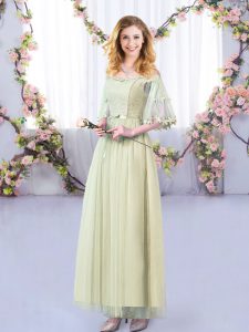 Empire Dama Dress for Quinceanera Yellow Green Off The Shoulder Tulle Half Sleeves Floor Length Side Zipper