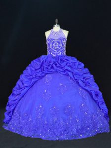Sweet Royal Blue Ball Gowns Taffeta Halter Top Sleeveless Beading and Appliques and Embroidery and Pick Ups Floor Length