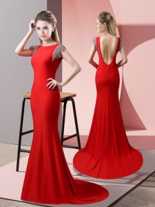Most Popular High-neck Short Sleeves Prom Party Dress Brush Train Beading Red Elastic Woven Satin