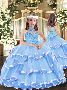 Baby Blue High-neck Neckline Appliques and Ruffled Layers Kids Pageant Dress Sleeveless Lace Up