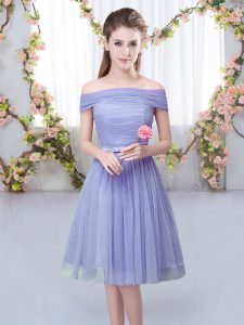 Delicate Knee Length Lace Up Damas Dress Lavender for Wedding Party with Belt