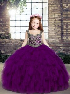 Purple Ball Gowns Beading and Ruffles Little Girls Pageant Dress Wholesale Lace Up Tulle Sleeveless Floor Length