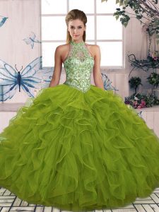 Olive Green Ball Gowns Tulle Halter Top Sleeveless Beading and Ruffles Floor Length Lace Up Quinceanera Gown