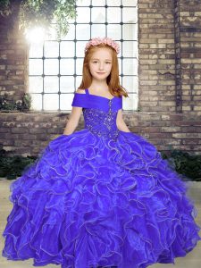 Fancy Floor Length Ball Gowns Sleeveless Purple Little Girl Pageant Dress Lace Up