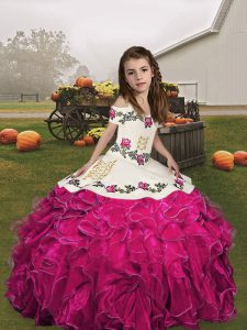 Classical Fuchsia Sleeveless Floor Length Embroidery and Ruffles Lace Up Little Girl Pageant Gowns