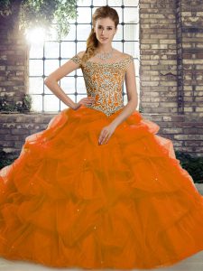 Off The Shoulder Sleeveless 15 Quinceanera Dress Brush Train Beading and Pick Ups Rust Red Tulle