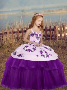 Tulle Straps Sleeveless Lace Up Embroidery Kids Pageant Dress in Eggplant Purple