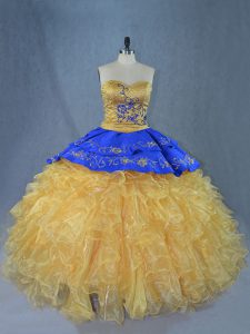Top Selling Sweetheart Sleeveless Organza Quinceanera Gown Embroidery and Ruffles Brush Train Lace Up