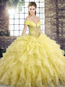 Fancy Off The Shoulder Sleeveless Organza Ball Gown Prom Dress Beading and Ruffles Brush Train Lace Up