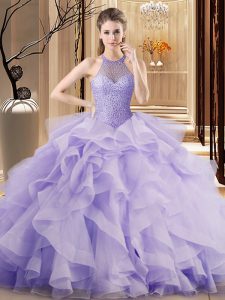 Lavender Lace Up Quinceanera Gown Beading and Ruffles Sleeveless Sweep Train