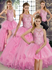 Latest Ball Gowns Quinceanera Gown Rose Pink Scoop Tulle Sleeveless Floor Length Lace Up