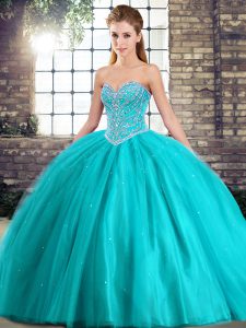 Ideal Ball Gowns Sleeveless Aqua Blue Quinceanera Gown Brush Train Lace Up