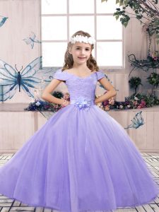 Lovely Lavender Off The Shoulder Lace Up Lace and Belt Girls Pageant Dresses Sleeveless