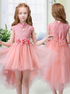 Peach Organza Zipper High-neck Cap Sleeves High Low Toddler Flower Girl Dress Lace and Hand Made Flower