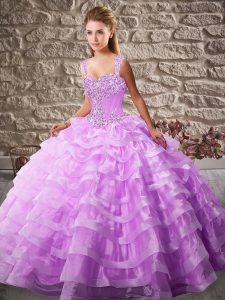 Sleeveless Floor Length Beading and Ruffled Layers Lace Up 15 Quinceanera Dress with Lilac