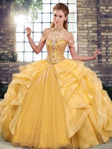 Admirable Sleeveless Floor Length Beading and Ruffles Lace Up 15 Quinceanera Dress with Gold