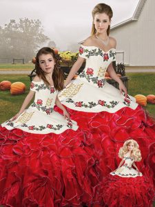 Custom Design Floor Length Lace Up Quince Ball Gowns White And Red for Military Ball and Sweet 16 and Quinceanera with E