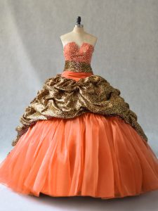 Suitable Orange Ball Gowns V-neck Sleeveless Organza and Printed Brush Train Lace Up Beading and Pick Ups Quinceanera Go