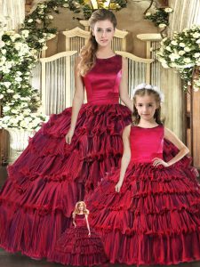 Wine Red Lace Up Scoop Ruffled Layers Vestidos de Quinceanera Organza Sleeveless