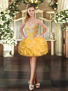 Designer Gold Organza Lace Up Sweetheart Sleeveless Mini Length Prom Dress Beading and Ruffles