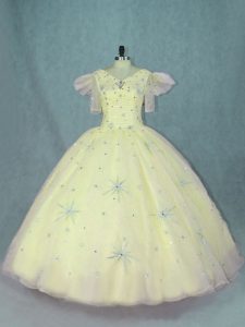 Customized Ball Gowns 15th Birthday Dress Yellow V-neck Organza Short Sleeves Floor Length Zipper