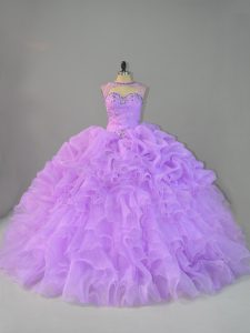 Modern Lavender Ball Gowns Scoop Sleeveless Organza Lace Up Beading and Ruffles Sweet 16 Dresses