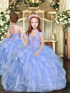Blue Organza Lace Up Straps Sleeveless Floor Length Little Girls Pageant Gowns Beading
