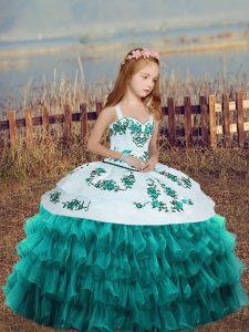 Teal Kids Pageant Dress Party and Wedding Party with Embroidery and Ruffled Layers Straps Sleeveless Lace Up