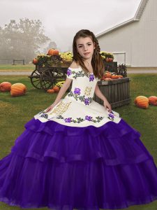 Superior Purple Lace Up Straps Embroidery and Ruffled Layers Child Pageant Dress Tulle Sleeveless