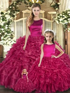 Enchanting Fuchsia Sleeveless Organza Lace Up Vestidos de Quinceanera for Military Ball and Sweet 16 and Quinceanera