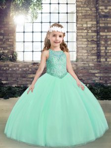 Superior Apple Green Sleeveless Floor Length Beading Lace Up Little Girls Pageant Dress