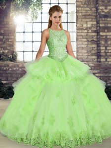 Comfortable Floor Length Yellow Green Sweet 16 Dress Scoop Sleeveless Lace Up