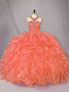 New Style Orange Organza Zipper Scoop Sleeveless Floor Length Ball Gown Prom Dress Beading and Ruffles