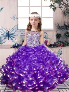 Pretty Purple Lace Up Scoop Beading and Ruffles Pageant Dress for Teens Organza Sleeveless
