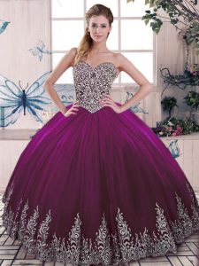 Hot Selling Sweetheart Sleeveless Quinceanera Dresses Floor Length Beading and Embroidery Fuchsia Tulle