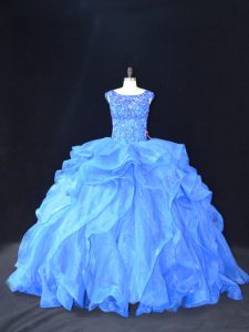 Blue Organza Lace Up 15 Quinceanera Dress Sleeveless Brush Train Beading and Ruffles