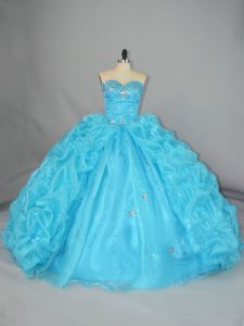Custom Design Sweetheart Sleeveless Lace Up Quince Ball Gowns Blue Organza