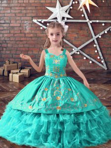 Embroidery and Ruffled Layers Pageant Gowns For Girls Turquoise Lace Up Sleeveless Floor Length