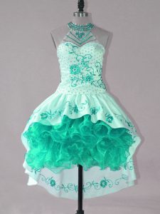 Custom Design Embroidery and Ruffles Prom Dresses Turquoise Lace Up Sleeveless High Low