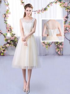 Sleeveless Lace Up Tea Length Lace Bridesmaid Dress