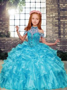 Excellent Aqua Blue Sleeveless Organza Lace Up Glitz Pageant Dress for Party and Military Ball and Wedding Party