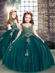 Peacock Green Little Girls Pageant Dress Wholesale Party and Wedding Party with Appliques Straps Sleeveless Lace Up