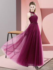 Tulle Halter Top Sleeveless Lace Up Beading and Appliques Bridesmaid Dress in Fuchsia