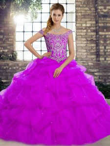 Lovely Off The Shoulder Sleeveless Brush Train Lace Up 15 Quinceanera Dress Purple Tulle