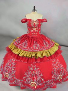 New Arrival Red Ball Gowns Embroidery 15 Quinceanera Dress Lace Up Satin Sleeveless Floor Length