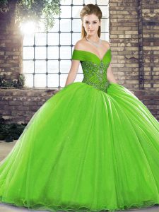 Ball Gowns Off The Shoulder Sleeveless Organza Brush Train Lace Up Beading Ball Gown Prom Dress