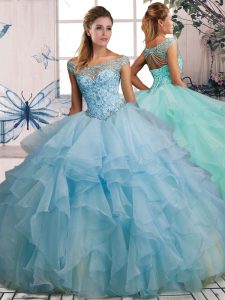Ball Gowns Quinceanera Dress Light Blue Off The Shoulder Organza Sleeveless Floor Length Lace Up