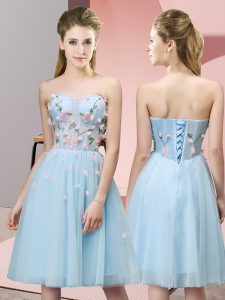 Sexy Sleeveless Tulle Knee Length Lace Up Wedding Party Dress in Light Blue with Appliques