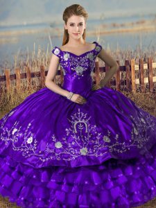 Traditional Floor Length Purple 15 Quinceanera Dress Satin and Organza Sleeveless Embroidery and Ruffled Layers